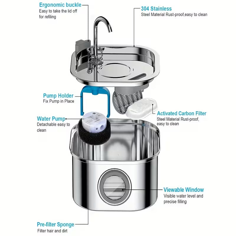 Cat Water Fountain 108.2oz Stainless Steel Cat Water Fountain Ultra-Quiet Transparent Window Pet Automatic Filtration Water Fountain Dog Fountain Suitable for Small and Medium-sized Dogs and Cats Automatic Water Fountain Adapter Not Included