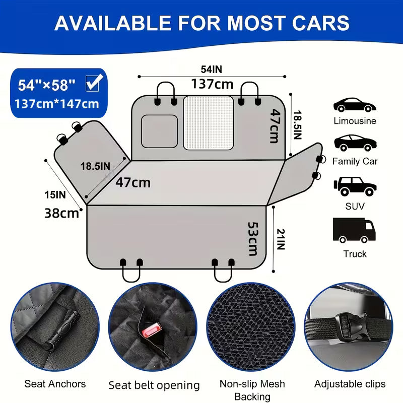 Durable Nylon Dog Car Seat Cover with Mesh Windows & Storage Pockets, Scratchproof & Non-Slip Pet Hammock, Universal Fit for Cars, Trucks, SUVs - Black with Green Leaf Design, Pet Car Accessories