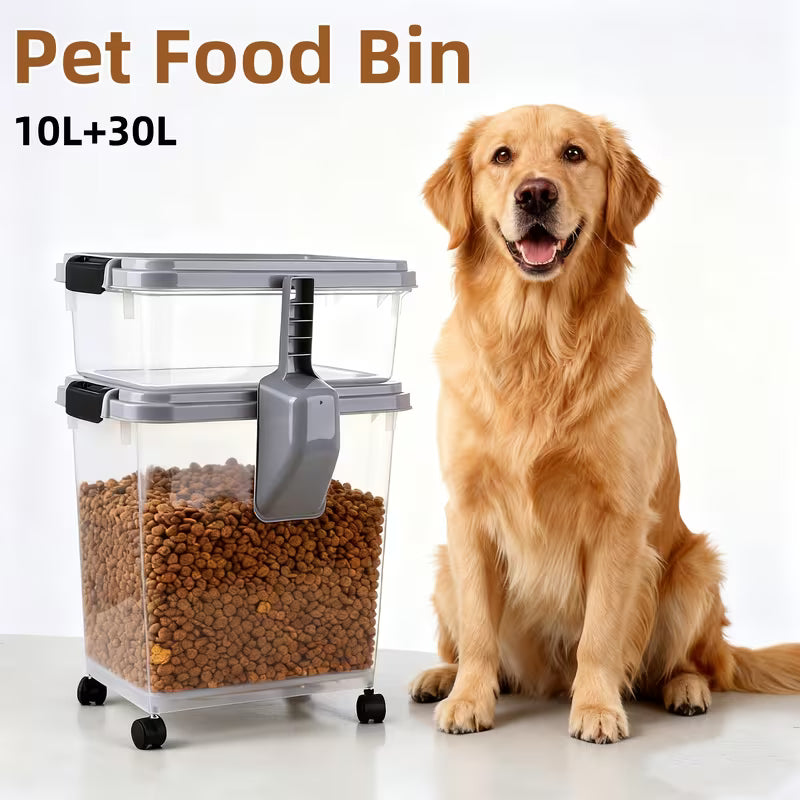 Heavy-Duty 30+2.64gal Large Dry Pet Food Container with Locking Lid Dog Cat Supply, Cat Food Storage Container, Dog Cat Treat Container, Airtight, Stackable, Wheels, Easy Mobility, Black