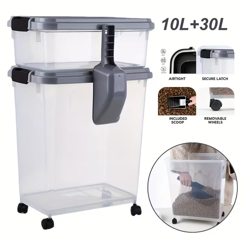 Heavy-Duty 30+2.64gal Large Dry Pet Food Container with Locking Lid Dog Cat Supply, Cat Food Storage Container, Dog Cat Treat Container, Airtight, Stackable, Wheels, Easy Mobility, Black