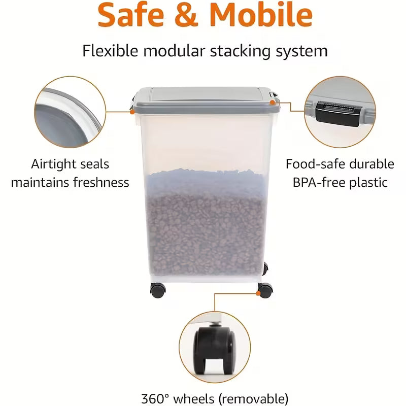Heavy-Duty 30+2.64gal Large Dry Pet Food Container with Locking Lid Dog Cat Supply, Cat Food Storage Container, Dog Cat Treat Container, Airtight, Stackable, Wheels, Easy Mobility, Black