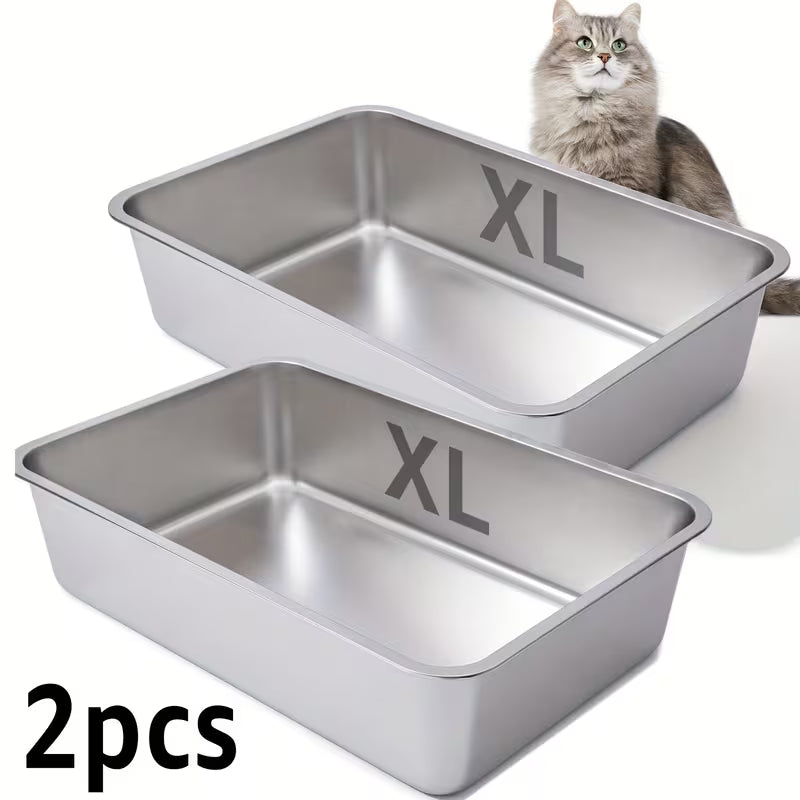2pcs Stainless Steel Cat Litter Box, 6" Deep Stainless Steel Extra Large Cat Litter Box, XL Metal Litter Box for Big Cats, Easy to Clean, Large Cat Litter Box, 6" High Side Cat Litter Box