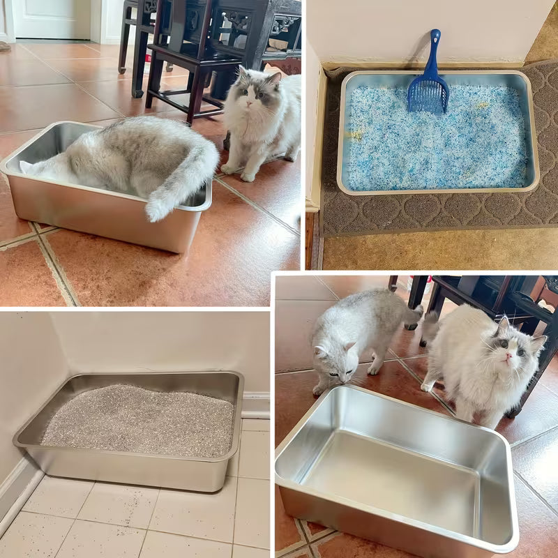 2pcs Stainless Steel Cat Litter Box, 6" Deep Stainless Steel Extra Large Cat Litter Box, XL Metal Litter Box for Big Cats, Easy to Clean, Large Cat Litter Box, 6" High Side Cat Litter Box