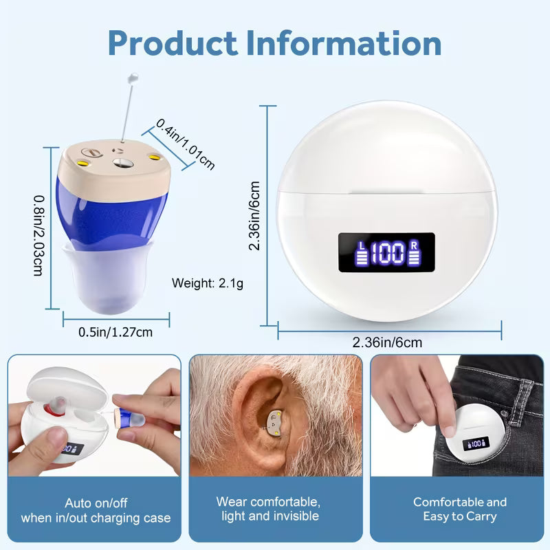 1 Pair Rechargeable Hearing Aids for Seniors, In Ear Hearing Aids for Adults with Noise Cancelling, Digital Hearing Amplifier for Hearing Loss, 25mAh Invisible Hearing Devices Assist with Charging Case