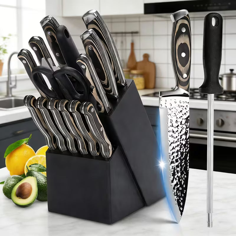 Kitchen Knife Set, 15pcs Knife Set With Block Wooden, Self Sharpening For Chef Knife Set, Medium Carbon Stainless Steel Hammered Knife Block Set With Steak Knives, Knives For Men, Boxed Knife Sets For Kitchen, For Family Gift, Local Warehouse