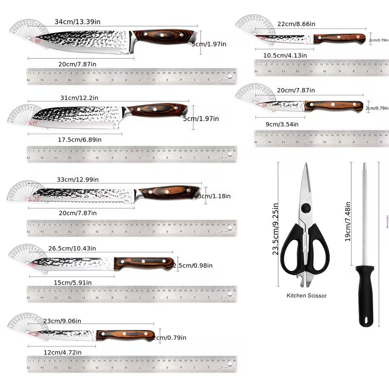 Kitchen Knife Set, 15pcs Knife Set With Block Wooden, Self Sharpening For Chef Knife Set, Medium Carbon Stainless Steel Hammered Knife Block Set With Steak Knives, Knives For Men, Boxed Knife Sets For Kitchen, For Family Gift, Local Warehouse