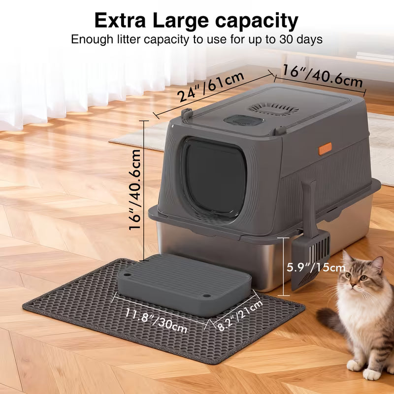 CITYLIFE Oversized Stainless Steel Cat Litter Box, Completely Covered Cat Litter Box with a Lid, Collapsible Anti-Splash Cat Litter Box Featuring a Front Flap Door, Indoor Cat Toilet, Superior Odor Control Pet Toilet