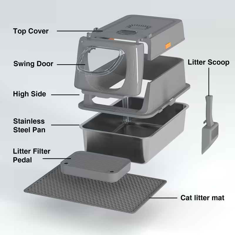 CITYLIFE Oversized Stainless Steel Cat Litter Box, Completely Covered Cat Litter Box with a Lid, Collapsible Anti-Splash Cat Litter Box Featuring a Front Flap Door, Indoor Cat Toilet, Superior Odor Control Pet Toilet