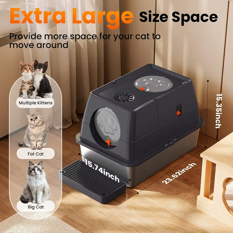 XL Stainless Steel Litter Box-a -piece Metal Tray Featuring A 3-in-1 Flip-top Design; The High Side Walls Effectively Prevent Litter Scatter And Side Leakage, Making It Ideal for Large Cats And Multi-cat Households.