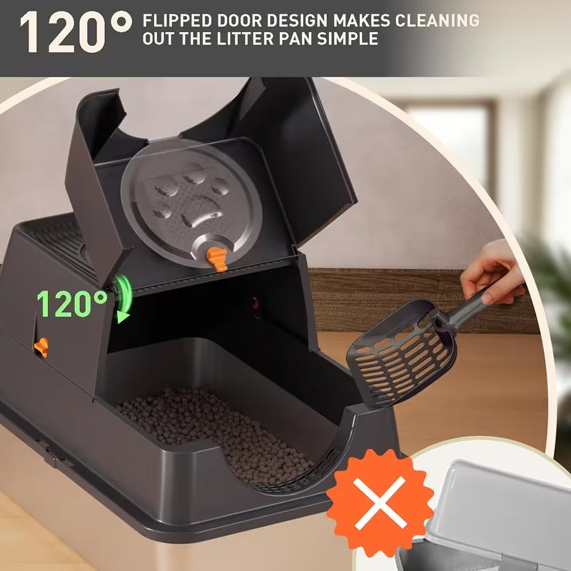 XL Stainless Steel Litter Box-a -piece Metal Tray Featuring A 3-in-1 Flip-top Design; The High Side Walls Effectively Prevent Litter Scatter And Side Leakage, Making It Ideal for Large Cats And Multi-cat Households.