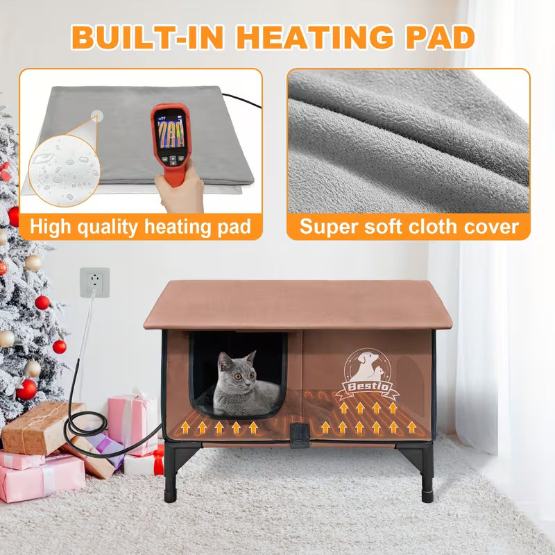 3-in-1 Cat House with Cozy Pad & Elevated Bed, Featuring Sturdy Structure & Chew-Resistant Cord, All-Season Use Cat Cave, Cat Beds For Indoor Cats, Safe Outdoor Cat Shelter, Cat Condo for Outdoor Cats Stuff, Kitten Supplies, Dog House