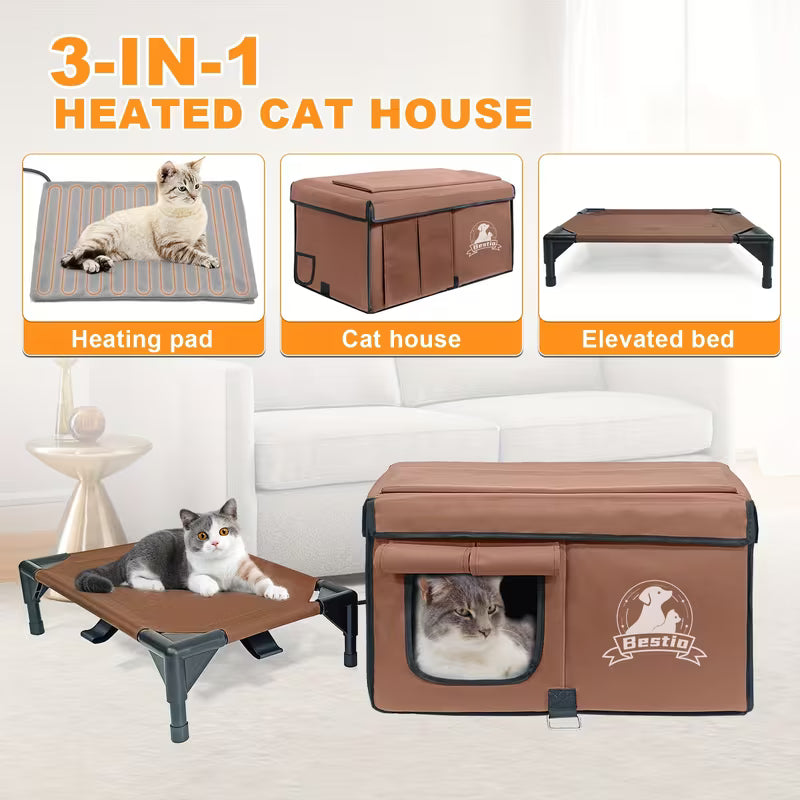 3-in-1 Cat House with Cozy Pad & Elevated Bed, Featuring Sturdy Structure & Chew-Resistant Cord, All-Season Use Cat Cave, Cat Beds For Indoor Cats, Safe Outdoor Cat Shelter, Cat Condo for Outdoor Cats Stuff, Kitten Supplies, Dog House