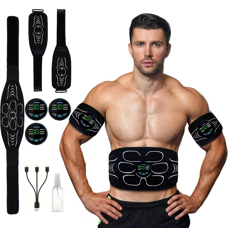Rechargeable EMS Muscle Stimulator, ABS Fitness Belt, Abdominal Muscle Training And Physical Stimulator - Full-body Relaxation And Fitness, Suitable for Travel, Home Massage, Office, Etc. (Set Includes Abdominal Trainer *1+ Arm Trainer *2)