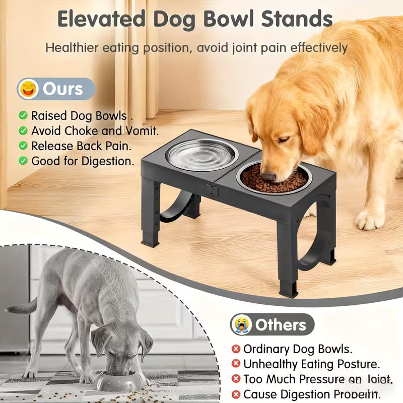 Elevated Dog Bowls Foldable, Raised Feeder Bowls Stand Set with 2 Stainless Steel Bowls.Portable Adjusts to 5 Heights, Dog Food Water Bowls for Large Medium Small Dogs And Cats. Non-Slip Black Pet Dish Station, Easy to Clean