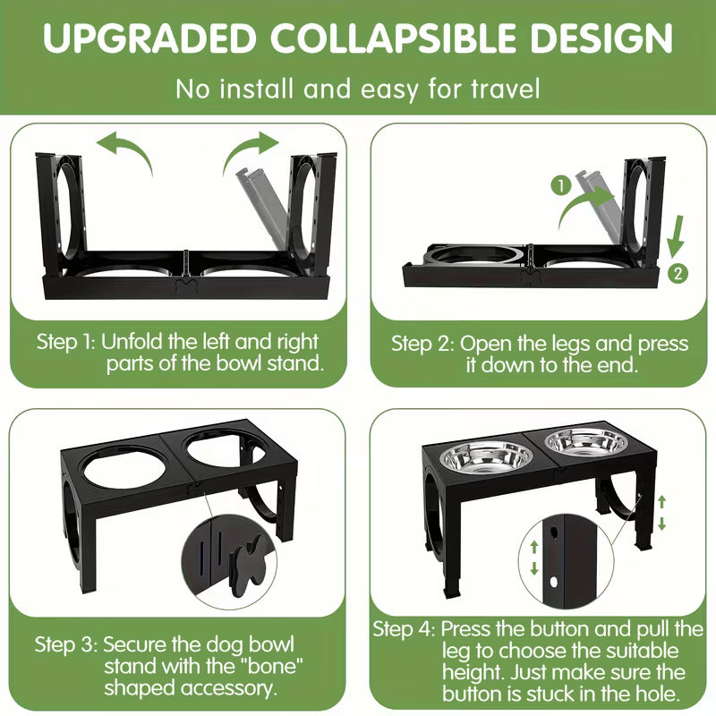 Elevated Dog Bowls Foldable, Raised Feeder Bowls Stand Set with 2 Stainless Steel Bowls.Portable Adjusts to 5 Heights, Dog Food Water Bowls for Large Medium Small Dogs And Cats. Non-Slip Black Pet Dish Station, Easy to Clean
