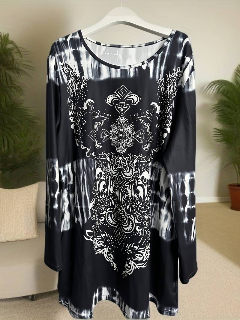 Plus Size Boho Tie-Dye Long Sleeve Tunic Top
