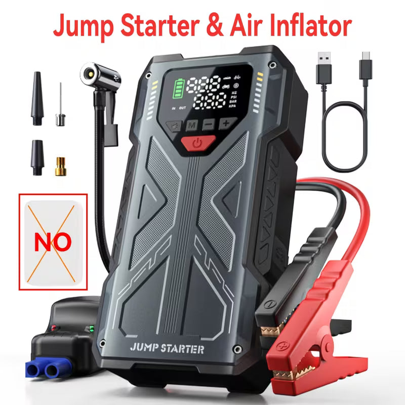 9-in-1 Portable Jump Starter with Air Compressor, 12V Car Battery Jump Starter, Portable Car Battery Charger, Fits 2.11gal Gas/ 1.72gal Diesel Fast Car Starting, USB Input & Output, LED Emergency Light, Auto Accessory Tool, Christmas Gift
