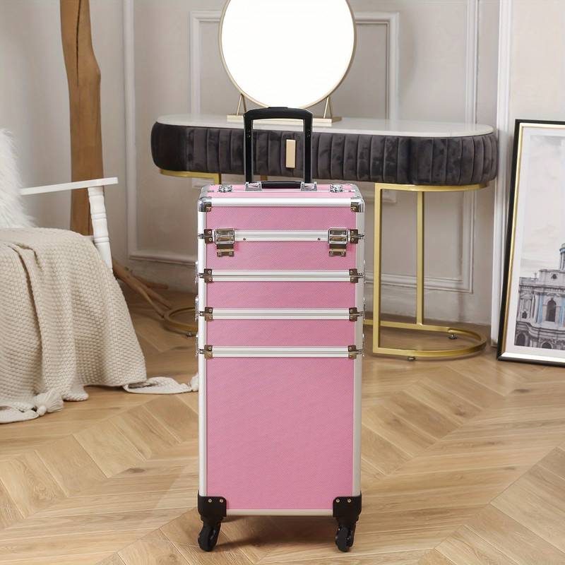 Aluminum rolling makeup case with swivel wheels.
