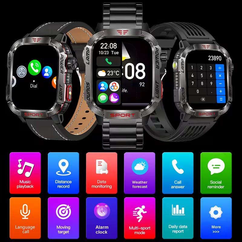 Rugged Outdoor Smartwatch (Receive/Make Call), for iPhone & Android Wireless Call Smartwatch, with LED Flashlight, Sports, 600mAh Battery