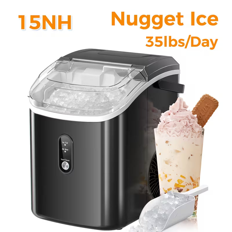 Nugget Or Bullet Ice Makers Countertop, Portable Ice Machine, Nugget Ice Machine with Chewable Pellet Ice, 26 Lbs/24 H, 33 Lbs/24 H Self-Cleaning, Sonic Ice/Bullet Ice, One-Click Operation, for Kitchen, Office, Stainless Steel Black/Silvery