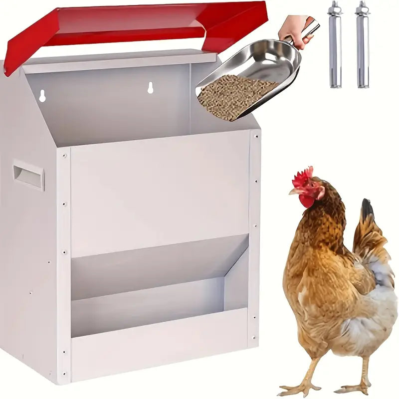 SXTSXT Automatic Metal Chicken Feeder Wall Mounted Galvanized Poultry Feeder with Cover Outdoor Wall Mounted Chicken Food Dispenser Gravity Feeding Chicken Feeder Weatherproof Waste-Free Quail Duck Feeder (10 Lbs/25Lbs.)