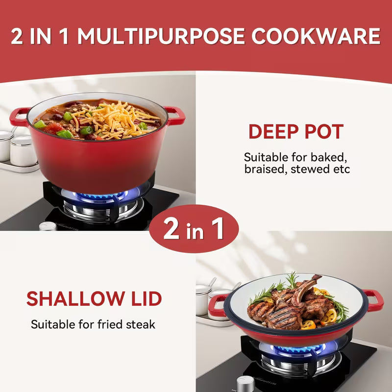 6QT 2-In-1 Enameled Cast Iron Dutch Oven, Ideal for Baking Bread, Cooking, And Stewing, Durable And Nonstick, Oven Safe Up to 500° F, Features Dual Handles, Compatible with All Stovetops