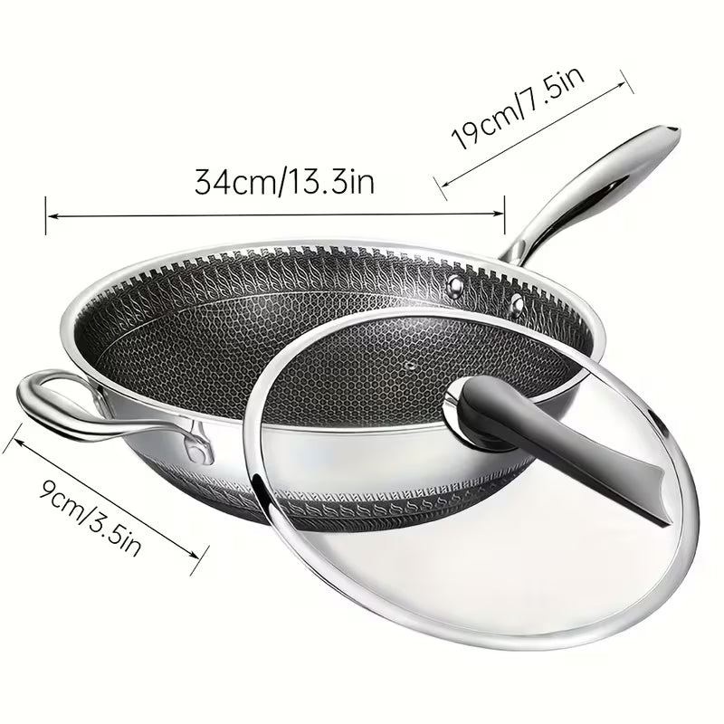 13.3Inch Stainless Steel Non-stick Wok With Lid And 2pcs Cookware Accessories, Honeycomb Design, Home Cooking Pan, Induction Cooker, Electric Ceramic Stove And Kitchenware