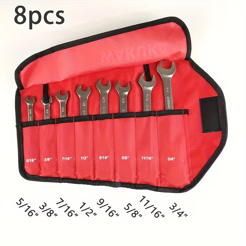 PMMJ 8pcs Set Of Elastic Head Ratchet Combination Wrench Set, Black Nickel Sandblasted Adjustable Head Wrench Set, 5/16-3/4 Inches, 72 Teeth, Cr-V Structure, With Retractable Bag