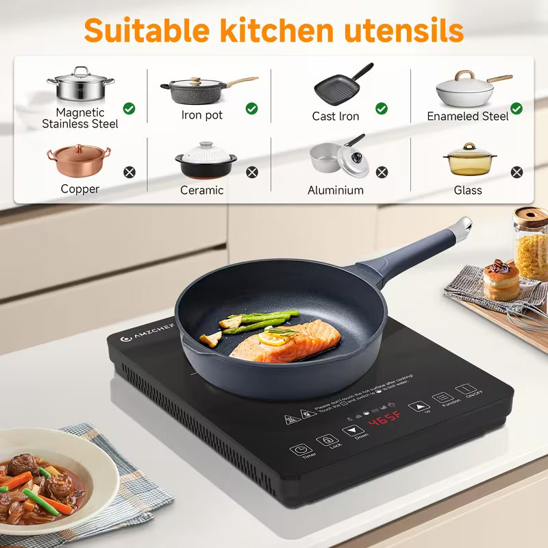 AMZCHEF 1800W Induction Cooktop, Single Stove Countertop Induction Cooker, Intelligent Touch Control, Multi Level Firepower Adjustment, With Timer And Overheating Protection Suitable For Personal Use And Gift Giving