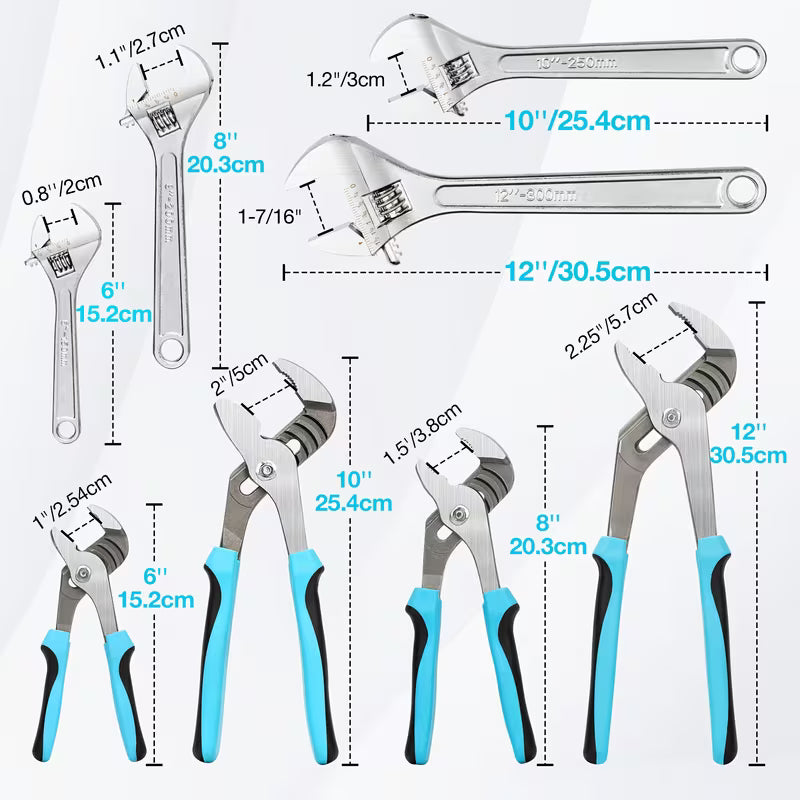 8pcs Adjustable Wrench & Water Pump Pliers Set, 12/10/8/6 Inch, 4pcs Adjustable Tongue and Groove Joint Pliers and 4pcs Wide Jaw Forged Steel Wrench for Plumbing, Gripping, Auto Home Repair