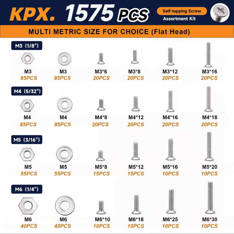 1575pcs Nut And Bolt Assortment Set Phillips Head And Flat Head Screws Multiple Common Nuts, Bolts, And Washers Includes Double-Sided Sturdy Storage Case Durable And Long-Lasting