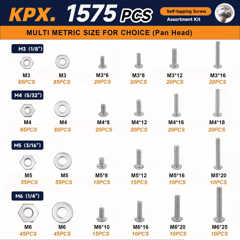 1575pcs Nut And Bolt Assortment Set Phillips Head And Flat Head Screws Multiple Common Nuts, Bolts, And Washers Includes Double-Sided Sturdy Storage Case Durable And Long-Lasting