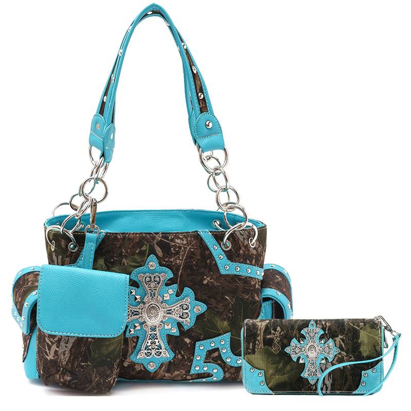 Western camouflage studded handbag and wallet set.