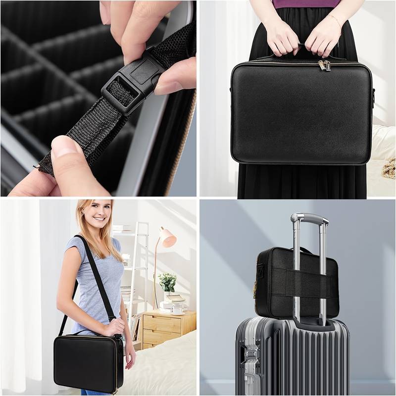 Travel makeup bag with LED mirror and dividers.