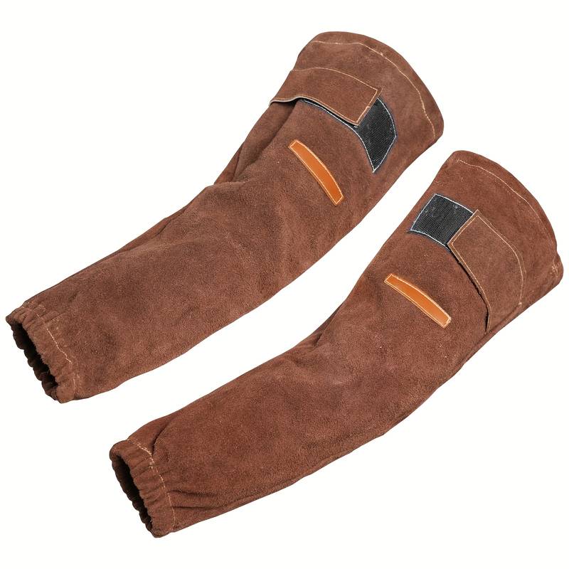 Flame-resistant leather welding arm protection sleeves.