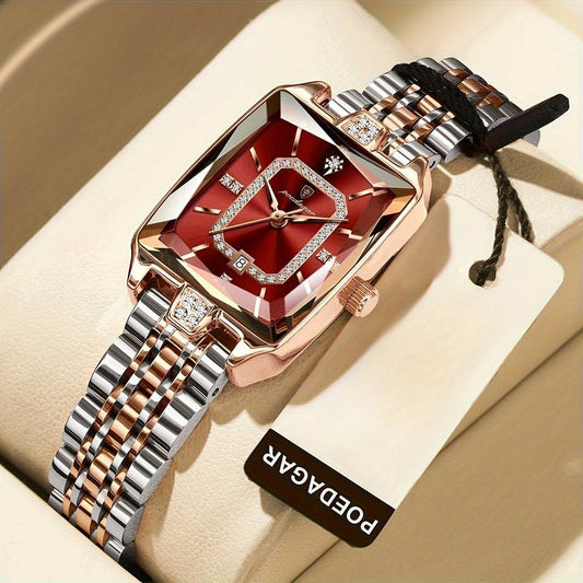 Elegant rectangle stainless steel quartz women’s watch.