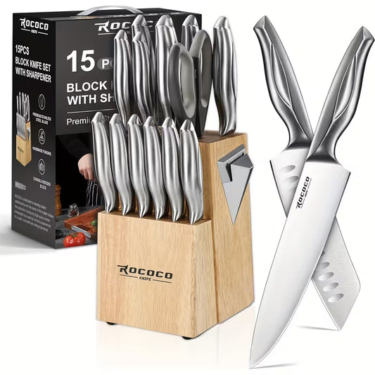 15pcs Kitchen Block Knife Set - Kitchen Knife Set with Block and Sharpener Dishwasher Safe Father Mother Birthday Christmas Gift