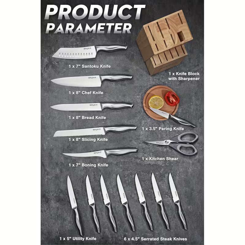 15pcs Kitchen Block Knife Set - Kitchen Knife Set with Block and Sharpener Dishwasher Safe Father Mother Birthday Christmas Gift