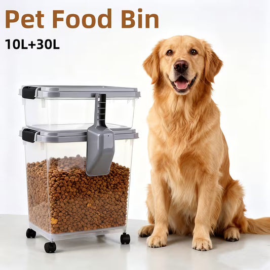 Heavy-Duty 30+2.64gal Large Dry Pet Food Container with Locking Lid Dog Cat Supply, Cat Food Storage Container, Dog Cat Treat Container, Airtight, Stackable, Wheels, Easy Mobility, Black