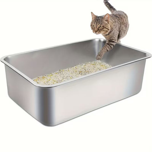 2pcs Stainless Steel Cat Litter Box, 6" Deep Stainless Steel Extra Large Cat Litter Box, XL Metal Litter Box for Big Cats, Easy to Clean, Large Cat Litter Box, 6" High Side Cat Litter Box