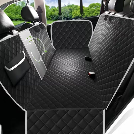 Durable Nylon Dog Car Seat Cover with Mesh Windows & Storage Pockets, Scratchproof & Non-Slip Pet Hammock, Universal Fit for Cars, Trucks, SUVs - Black with Green Leaf Design, Pet Car Accessories