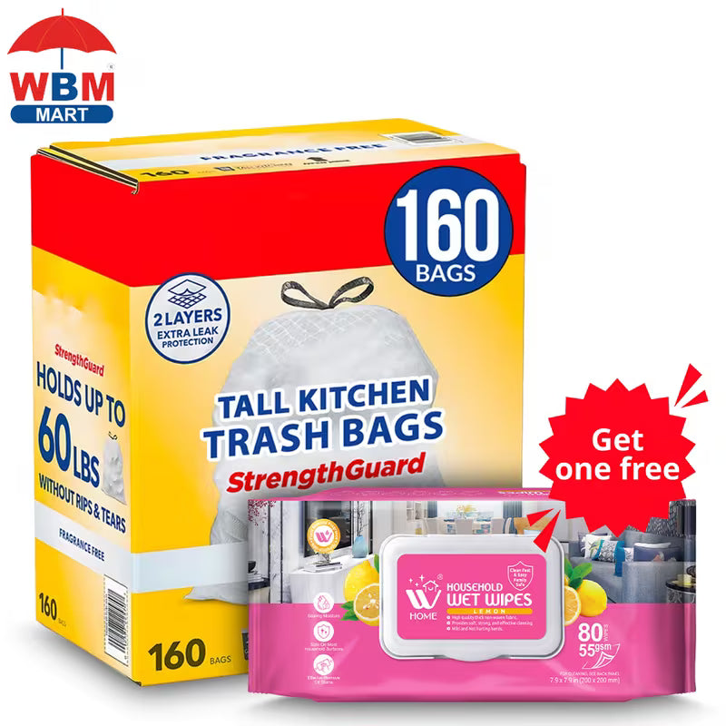 160 ct./13 gal - Premium Tall Kitchen Drawstring Trash Bags - Fragrance Free With Free Wet Wipes