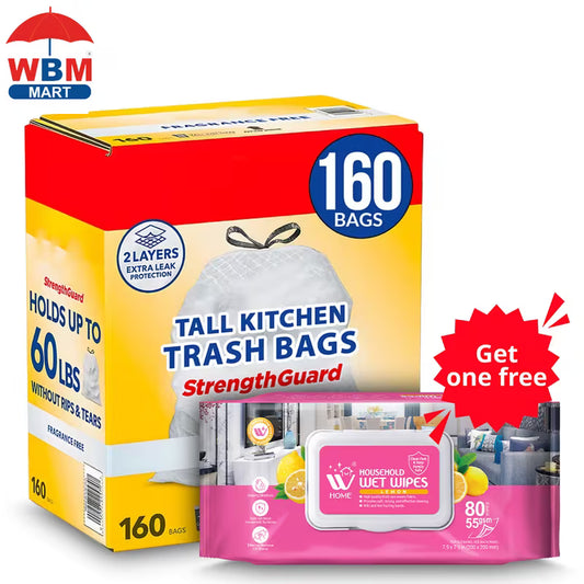 160 ct./13 gal - Premium Tall Kitchen Drawstring Trash Bags - Fragrance Free With Free Wet Wipes