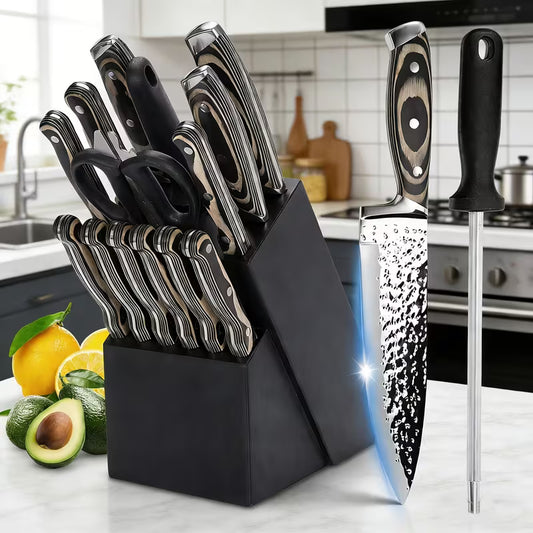 Kitchen Knife Set, 15pcs Knife Set With Block Wooden, Self Sharpening For Chef Knife Set, Medium Carbon Stainless Steel Hammered Knife Block Set With Steak Knives, Knives For Men, Boxed Knife Sets For Kitchen, For Family Gift, Local Warehouse