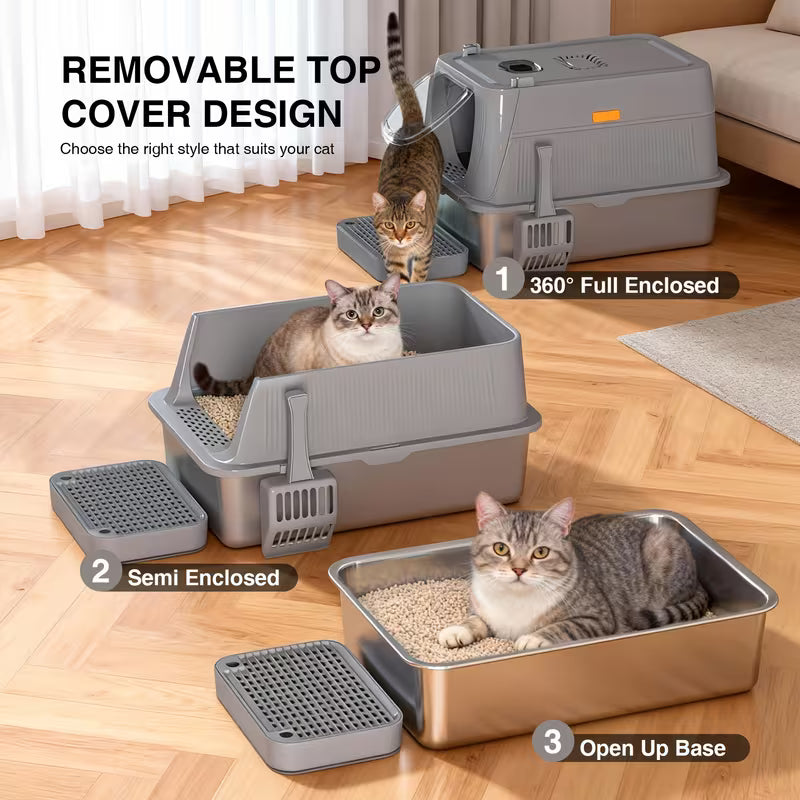 CITYLIFE Oversized Stainless Steel Cat Litter Box, Completely Covered Cat Litter Box with a Lid, Collapsible Anti-Splash Cat Litter Box Featuring a Front Flap Door, Indoor Cat Toilet, Superior Odor Control Pet Toilet