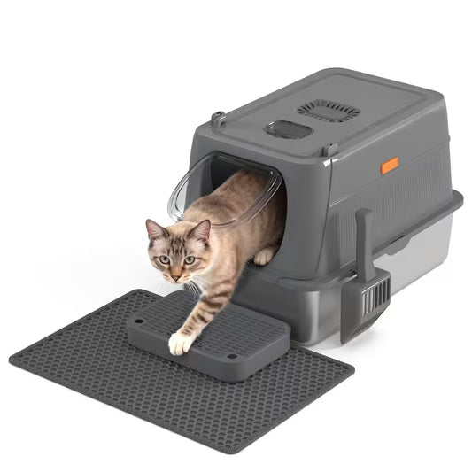 CITYLIFE Oversized Stainless Steel Cat Litter Box, Completely Covered Cat Litter Box with a Lid, Collapsible Anti-Splash Cat Litter Box Featuring a Front Flap Door, Indoor Cat Toilet, Superior Odor Control Pet Toilet