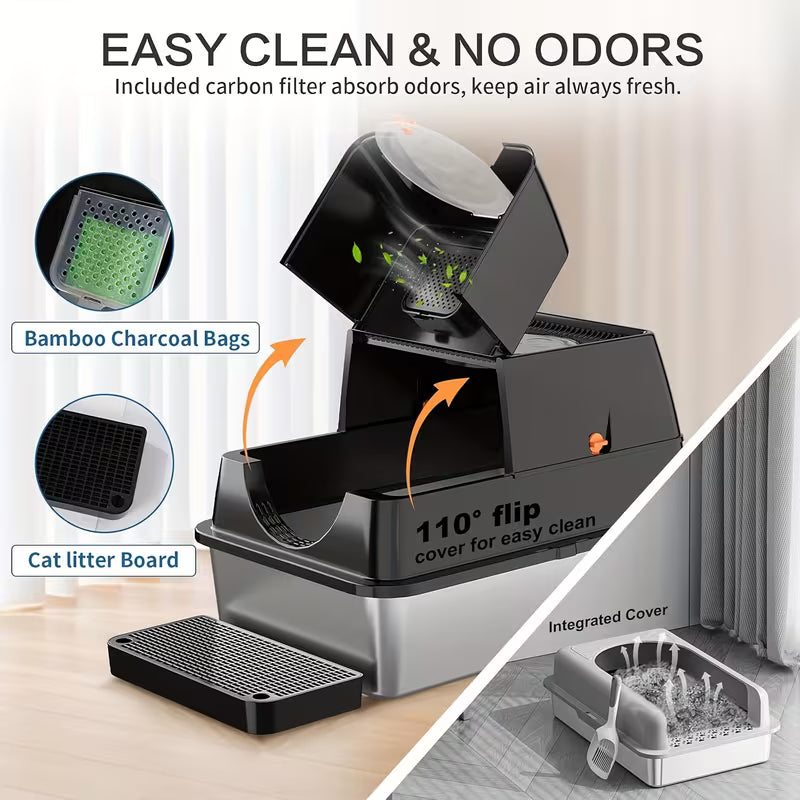XL Stainless Steel Litter Box-a -piece Metal Tray Featuring A 3-in-1 Flip-top Design; The High Side Walls Effectively Prevent Litter Scatter And Side Leakage, Making It Ideal for Large Cats And Multi-cat Households.