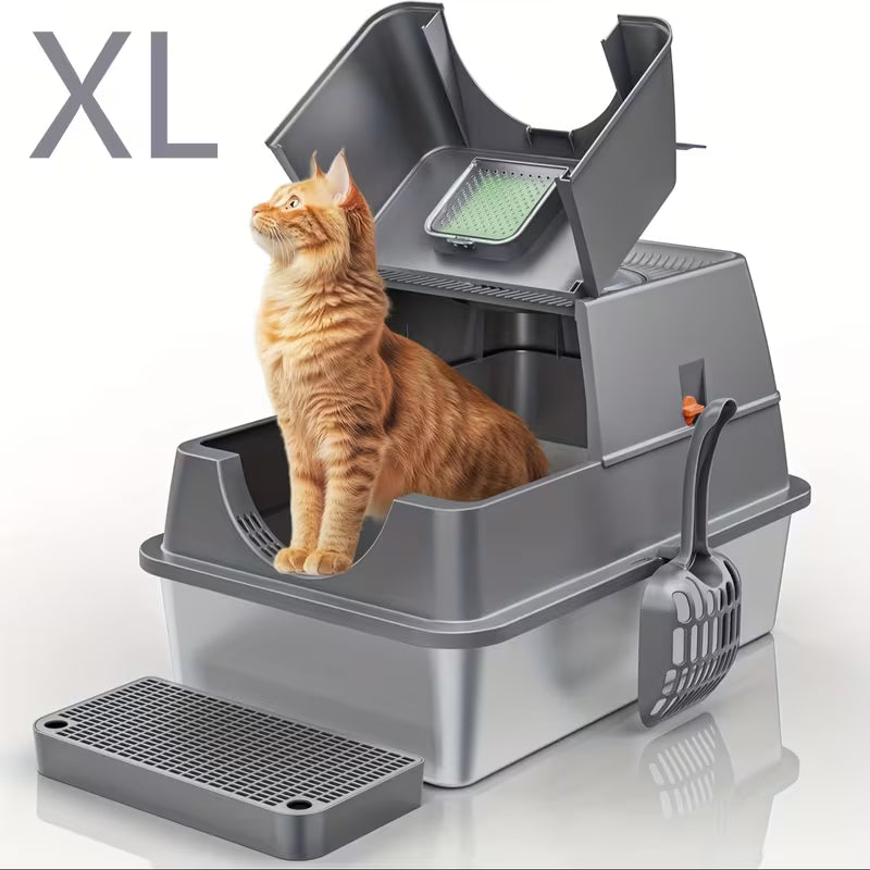 XL Stainless Steel Litter Box-a -piece Metal Tray Featuring A 3-in-1 Flip-top Design; The High Side Walls Effectively Prevent Litter Scatter And Side Leakage, Making It Ideal for Large Cats And Multi-cat Households.