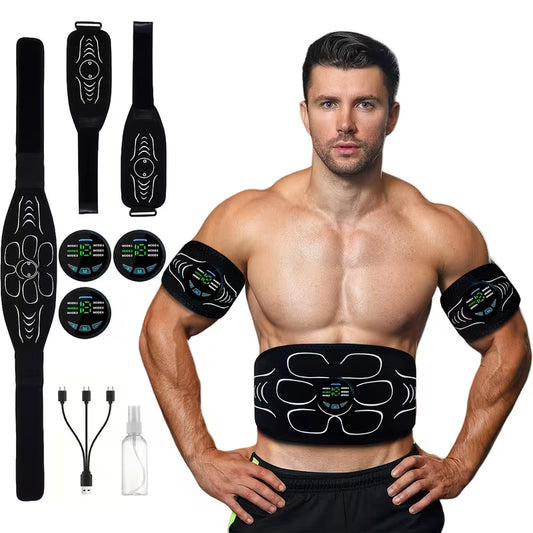 Rechargeable EMS Muscle Stimulator, ABS Fitness Belt, Abdominal Muscle Training And Physical Stimulator - Full-body Relaxation And Fitness, Suitable for Travel, Home Massage, Office, Etc. (Set Includes Abdominal Trainer *1+ Arm Trainer *2)