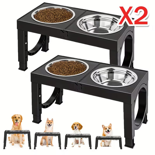 Elevated Dog Bowls Foldable, Raised Feeder Bowls Stand Set with 2 Stainless Steel Bowls.Portable Adjusts to 5 Heights, Dog Food Water Bowls for Large Medium Small Dogs And Cats. Non-Slip Black Pet Dish Station, Easy to Clean
